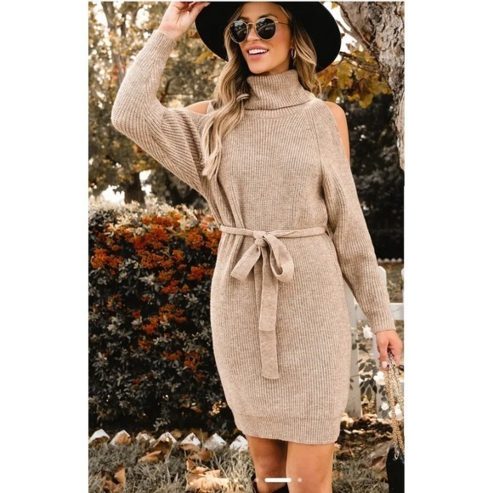 Ribbed Belted Cold Shoulder Cowl-Neck Sweater Dress Sz S Office‎ Minimalist Boho